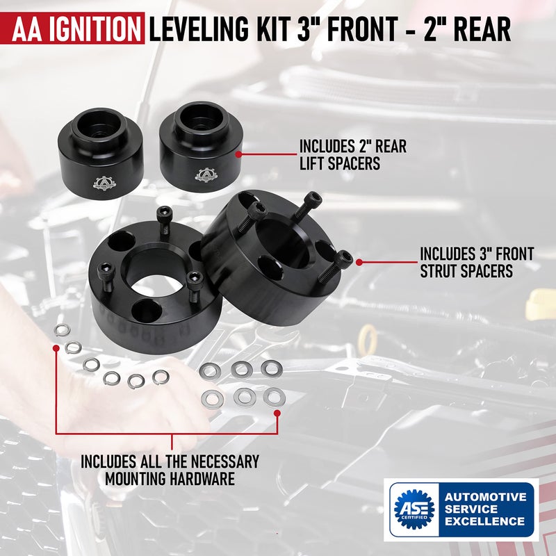 AA Ignition 3 Inch Front and 2 Inch Rear Leveling Kit, Compatible with Dodge Ram 1500 4WD - 2009-2018 4x4-3" Front, 2" Rear Strut Suspension Lift Spacers Set - Forged Aircraft Billet Aluminum Construction - Image 3